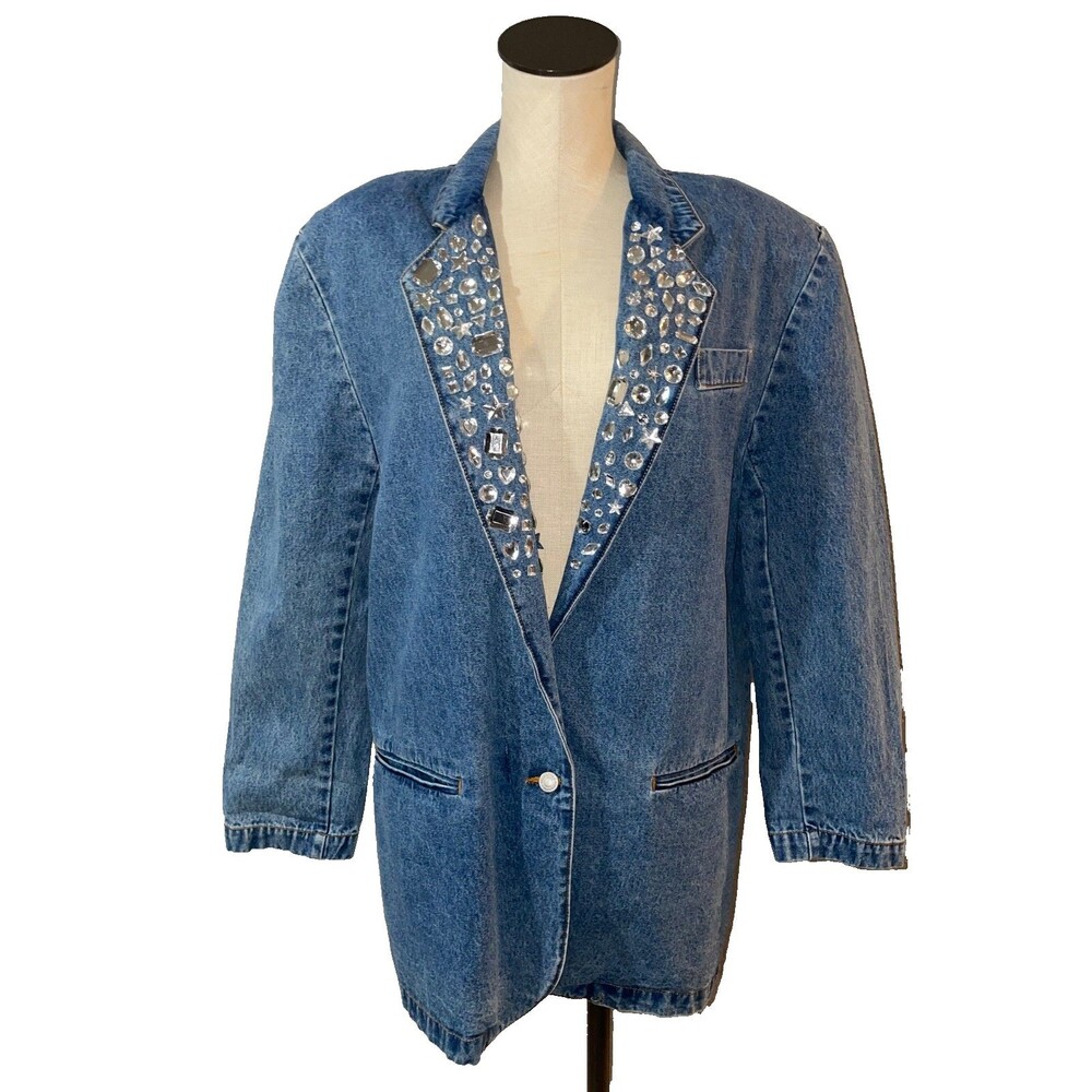 Jordache Vintage Women’s Embellished Denim Jacket size L 1980s Shoulder Pads